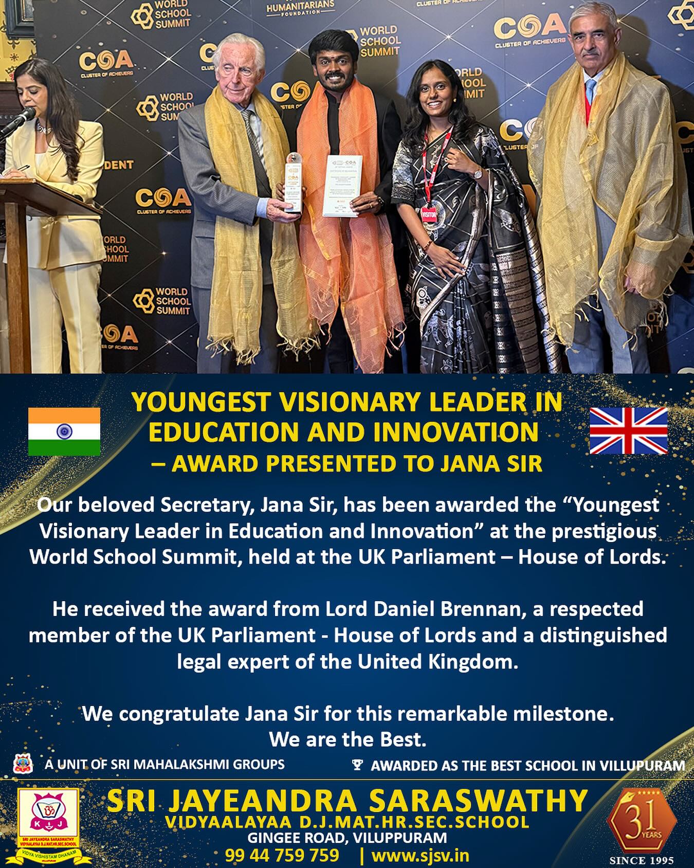 Youngest Visionary Leader in Education & Innovation  Award Presented to Jana Sir