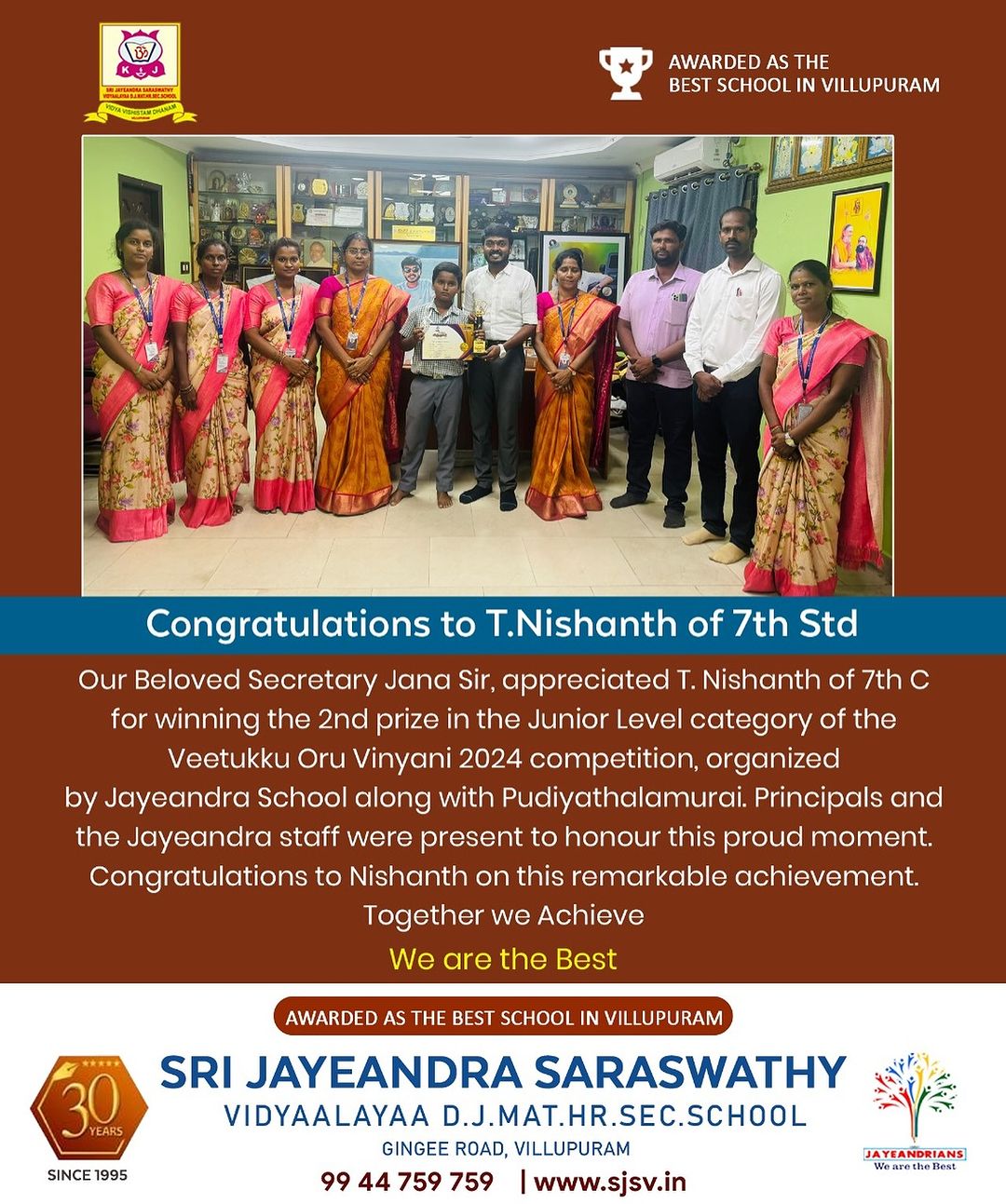 Jayeandrian Nishant of 7th Standard for reaching this prestigious milestone